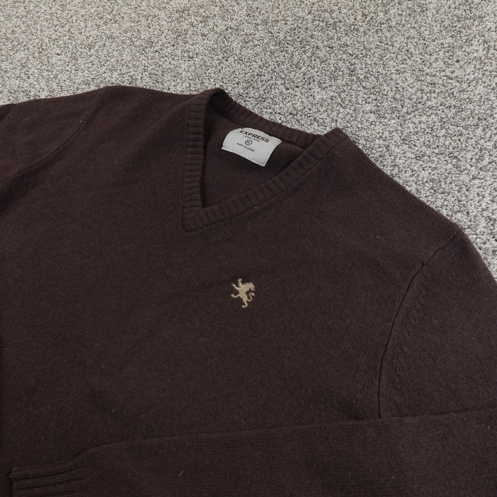 Express Sweater Mens XL Brown Lambswool V Neck Knit Pullover Cozy Warm‎ Grandpa